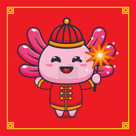 Ilustración de Lindo axolotl jugando fuegos artificiales en chino año nuevo. - Imagen libre de derechos