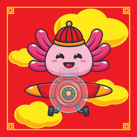 Téléchargez les illustrations : Mignon axolotl voler avec avion en chinois nouvel an. - en licence libre de droit