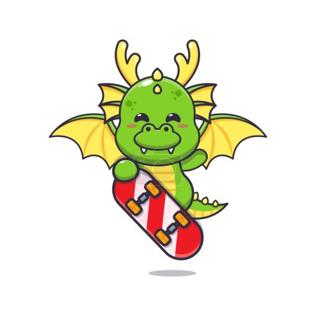 Téléchargez les illustrations : Mascotte de dragon mignon personnage de dessin animé avec planche à roulettes. - en licence libre de droit