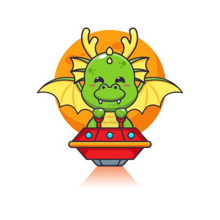 Ilustración de Lindo dragón mascota personaje de dibujos animados volar con ufo. - Imagen libre de derechos