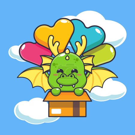 Ilustración de Cute dragon mascot cartoon character fly with balloon. - Imagen libre de derechos