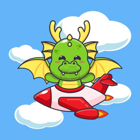 Téléchargez les illustrations : Cute dragon mascot cartoon character ride on plane jet. - en licence libre de droit