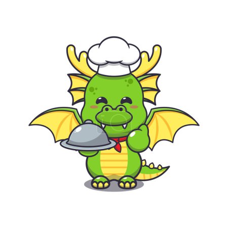 Téléchargez les illustrations : Chef mignon dragon mascotte personnage de dessin animé avec plat. - en licence libre de droit