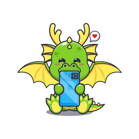 Cute dragon with phone cartoon vector illustration. 