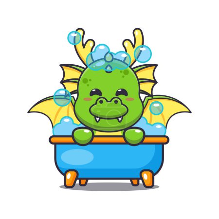 Téléchargez les illustrations : Dragon mignon prenant bain moussant dans la baignoire illustration vectorielle de dessin animé. - en licence libre de droit