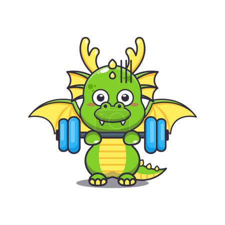 Ilustración de Cute dragon lifting barbell cartoon vector illustration. - Imagen libre de derechos