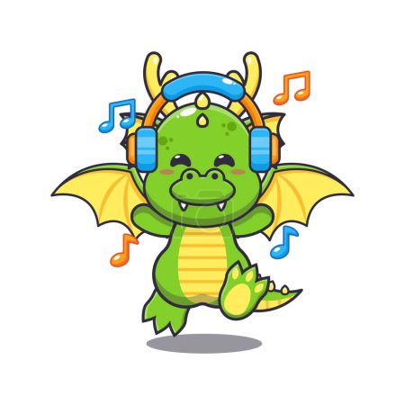 Ilustración de Cute dragon listening music with headphone cartoon vector illustration. - Imagen libre de derechos