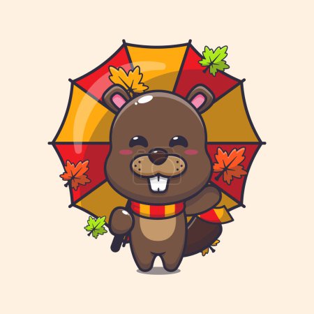Illustration for Cute beaver with umbrella at autumn season. Mascot cartoon vector illustration suitable for poster, brochure, web, mascot, sticker, logo and icon. - Royalty Free Image