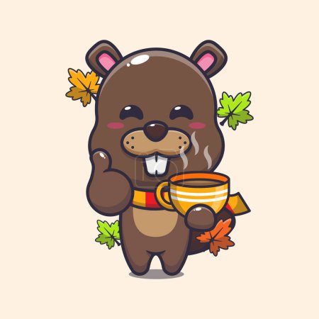 Ilustración de Cute beaver with coffee in autumn season. Mascot cartoon vector illustration suitable for poster, brochure, web, mascot, sticker, logo and icon. - Imagen libre de derechos