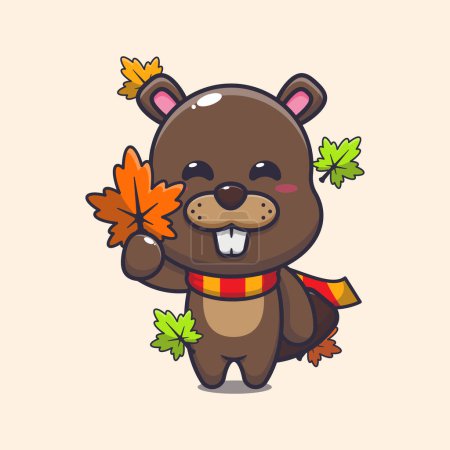 Illustration for Cute beaver holding autumn leaf. Mascot cartoon vector illustration suitable for poster, brochure, web, mascot, sticker, logo and icon. - Royalty Free Image