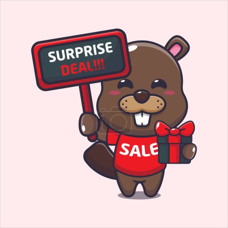 Illustration for Cute beaver with promotion sign and gift box in black friday sale. Vector cartoon Illustration suitable for poster, brochure, web, mascot, sticker, logo and icon. - Royalty Free Image