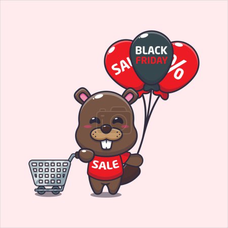 Téléchargez les illustrations : Cute beaver with shopping cart and balloon at black friday sale. Vector cartoon Illustration suitable for poster, brochure, web, mascot, sticker, logo and icon. - en licence libre de droit