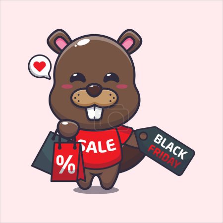 Illustration for Cute beaver with shopping bag and black friday sale discount. Vector cartoon Illustration suitable for poster, brochure, web, mascot, sticker, logo and icon. - Royalty Free Image