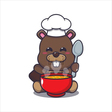 Téléchargez les illustrations : Cute chef beaver eating soup. Vector cartoon Illustration suitable for poster, brochure, web, mascot, sticker, logo and icon. - en licence libre de droit
