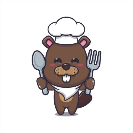 Illustration for Cute chef beaver holding spoon and fork. Vector cartoon Illustration suitable for poster, brochure, web, mascot, sticker, logo and icon. - Royalty Free Image