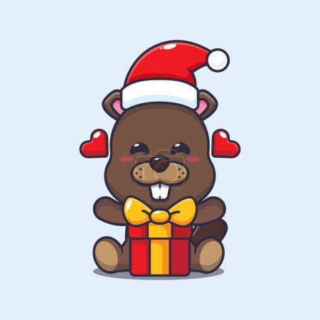 Illustration for Cute beaver happy with christmas gift. Cute christmas cartoon vector illustration. Vector cartoon Illustration suitable for poster, brochure, web, mascot, sticker, logo and icon. - Royalty Free Image