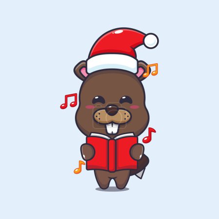 Illustration for Cute beaver sing a christmas song. Cute christmas cartoon vector illustration. Vector cartoon Illustration suitable for poster, brochure, web, mascot, sticker, logo and icon. - Royalty Free Image