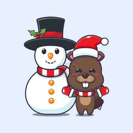 Illustration for Cute beaver playing with Snowman. Cute christmas cartoon vector illustration. Vector cartoon Illustration suitable for poster, brochure, web, mascot, sticker, logo and icon. - Royalty Free Image