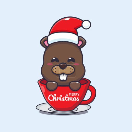 Illustration for Cute beaver wearing santa hat in cup. Cute christmas cartoon vector illustration. Vector cartoon Illustration suitable for poster, brochure, web, mascot, sticker, logo and icon. - Royalty Free Image