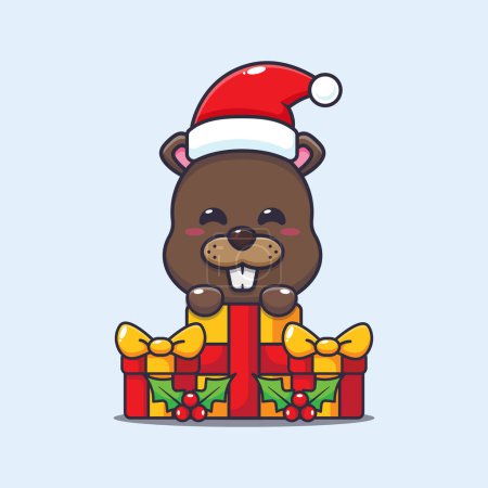 Illustration for Cute beaver with christmas gift. Cute christmas cartoon vector illustration. Vector cartoon Illustration suitable for poster, brochure, web, mascot, sticker, logo and icon. - Royalty Free Image