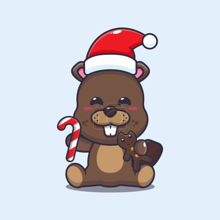 Illustration for Cute beaver eating christmas cookies and candy. Cute christmas cartoon vector illustration. Vector cartoon Illustration suitable for poster, brochure, web, mascot, sticker, logo and icon. - Royalty Free Image