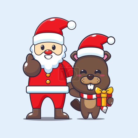 Illustration for Cute beaver with santa claus. Cute christmas cartoon vector illustration.. Vector cartoon Illustration suitable for poster, brochure, web, mascot, sticker, logo and icon. - Royalty Free Image
