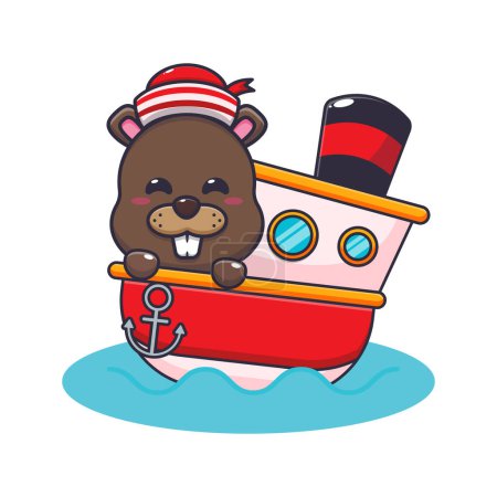 Ilustración de Cute captain beaver sail on the ship. Cartoon vector Illustration suitable for poster, brochure, web, mascot, sticker, logo and icon. - Imagen libre de derechos