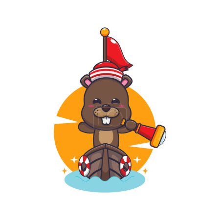Téléchargez les illustrations : Cute captain beaver on the boat. Cartoon vector Illustration suitable for poster, brochure, web, mascot, sticker, logo and icon. - en licence libre de droit