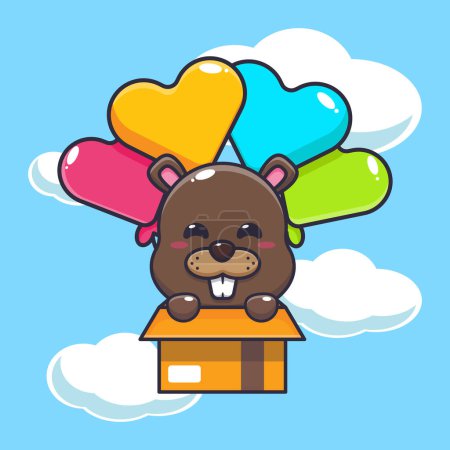 Illustration for Cute beaver in cardboard box flying with balloon. Cartoon vector Illustration suitable for poster, brochure, web, mascot, sticker, logo and icon. - Royalty Free Image