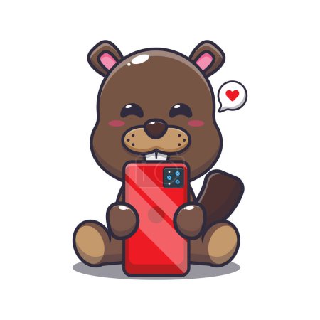 Illustration for Cute beaver with phone cartoon vector illustration. Vector cartoon Illustration suitable for poster, brochure, web, mascot, sticker, logo and icon. - Royalty Free Image