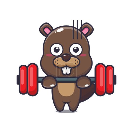 Ilustración de Cute beaver lifting barbell cartoon vector illustration. Vector cartoon Illustration suitable for poster, brochure, web, mascot, sticker, logo and icon. - Imagen libre de derechos