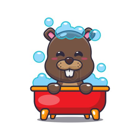 Téléchargez les illustrations : Cute beaver taking bubble bath in bathtub cartoon vector illustration. Vector cartoon Illustration suitable for poster, brochure, web, mascot, sticker, logo and icon. - en licence libre de droit
