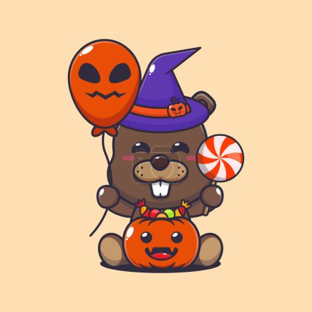 Téléchargez les illustrations : Witch beaver holding halloween balloon and candy. Cute halloween cartoon vector illustration. Vector cartoon Illustration suitable for poster, brochure, web, mascot, sticker, logo and icon. - en licence libre de droit