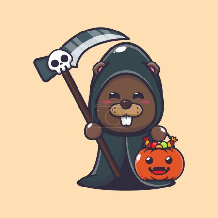 Ilustración de Castor parca sosteniendo guadaña y calabaza de halloween. - Imagen libre de derechos