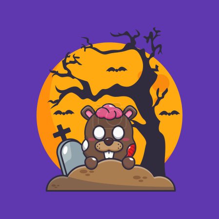 Illustration for Zombie beaver rise from graveyard in halloween day. Cute halloween cartoon vector illustration. Vector cartoon Illustration suitable for poster, brochure, web, mascot, sticker, logo and icon. - Royalty Free Image