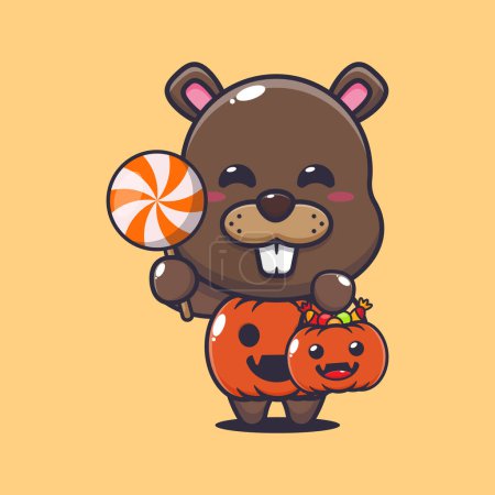 Ilustración de Cute beaver with halloween pumpkin costume. Cute halloween cartoon vector illustration.. Vector cartoon Illustration suitable for poster, brochure, web, mascot, sticker, logo and icon. - Imagen libre de derechos