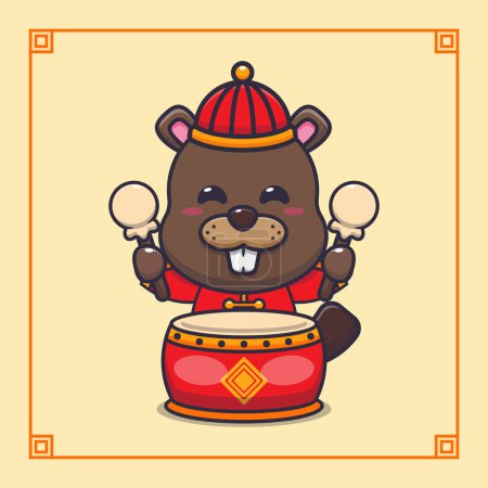 Téléchargez les illustrations : Mignon castor jouant du tambour dans la nouvelle année chinoise. Illustration vectorielle pour affiche, brochure, web, mascotte, autocollant, logo et icône. - en licence libre de droit