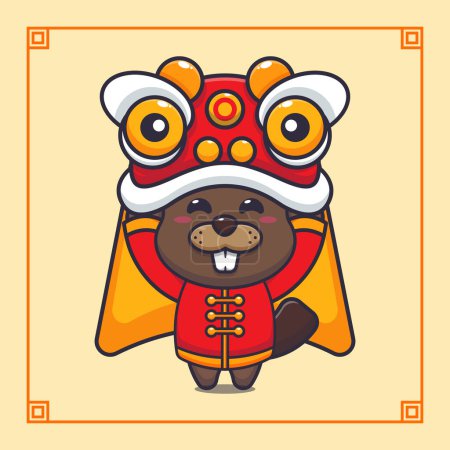 Illustration for Cute beaver playing lion dance in chinese new year. Vector cartoon Illustration suitable for poster, brochure, web, mascot, sticker, logo and icon. - Royalty Free Image