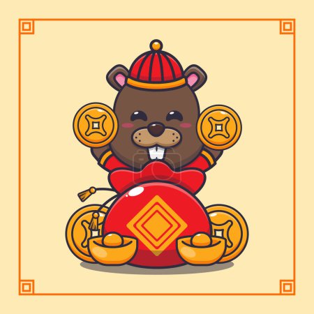 Téléchargez les illustrations : Cute happy beaver in chinese new year. Vector cartoon Illustration suitable for poster, brochure, web, mascot, sticker, logo and icon. - en licence libre de droit