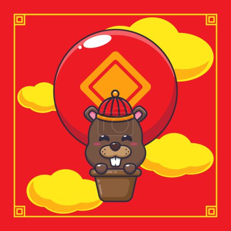Téléchargez les illustrations : Cute beaver fly with air balloon in chinese new year. Vector cartoon Illustration suitable for poster, brochure, web, mascot, sticker, logo and icon. - en licence libre de droit