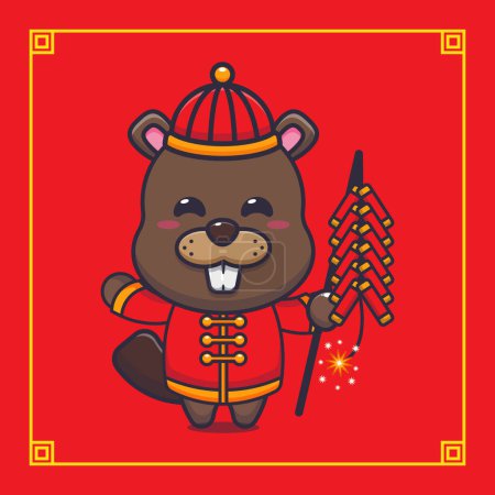 Illustration for Cute beaver playing firecrackers in chinese new year. Vector cartoon Illustration suitable for poster, brochure, web, mascot, sticker, logo and icon. - Royalty Free Image