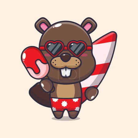 Illustration for Cute beaver with surfboard holding ice cartoon vector illustration. - Royalty Free Image