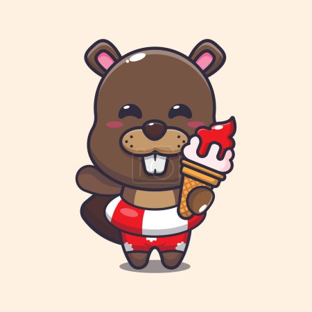 Illustration for Cute beaver with ice cream on beach cartoon vector illustration. - Royalty Free Image
