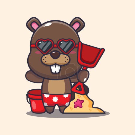 Téléchargez les illustrations : Cute beaver in sunglasses play sand beach cartoon vector illustration. - en licence libre de droit