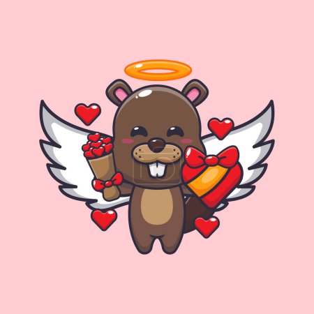 Téléchargez les illustrations : Cute beaver cupid holding love gift and love bouquet. - en licence libre de droit