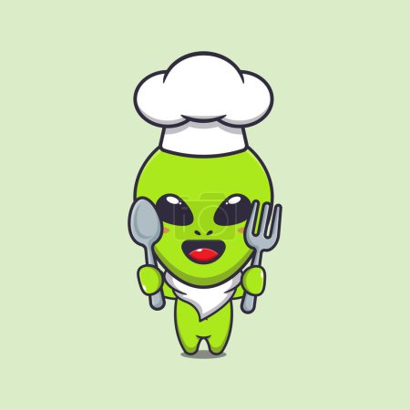 Téléchargez les illustrations : Cute chef alien holding spoon and fork cartoon vector illustration. - en licence libre de droit