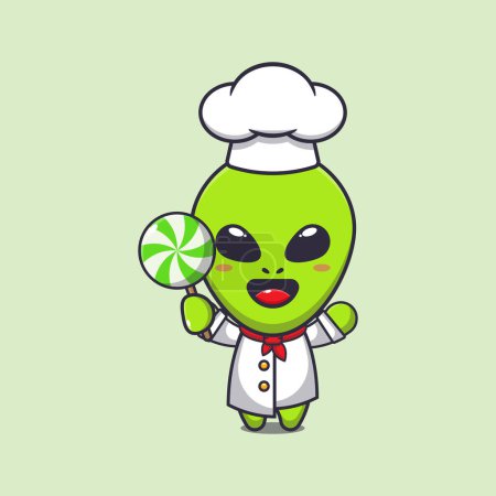 Illustration for Cute chef alien holding candy cartoon vector illustration. - Royalty Free Image