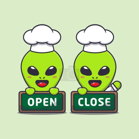 Illustration for Cute chef alien with open and close sign board cartoon vector illustration. - Royalty Free Image