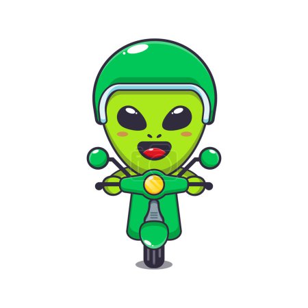 Cute alien ride on scooter. Cartoon vector Illustration suitable for poster, brochure, web, mascot, sticker, logo and icon.