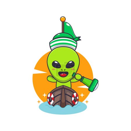 Illustration for Cute alien on the boat. Cartoon vector Illustration suitable for poster, brochure, web, mascot, sticker, logo and icon. - Royalty Free Image